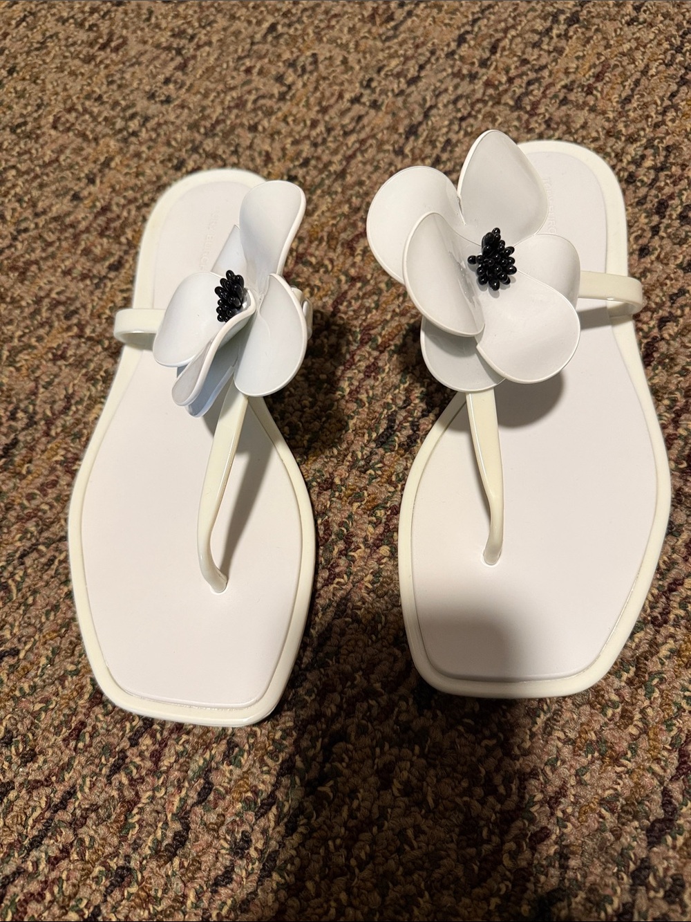 Tory Burch White Floral Thong Sandals with Black Center Accent